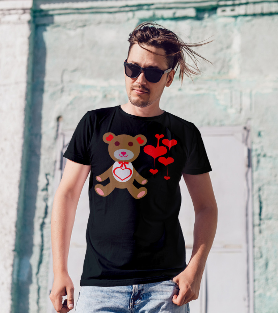 Happy Valentine Day Teddy Bear With Heart Balloons T-Shirt