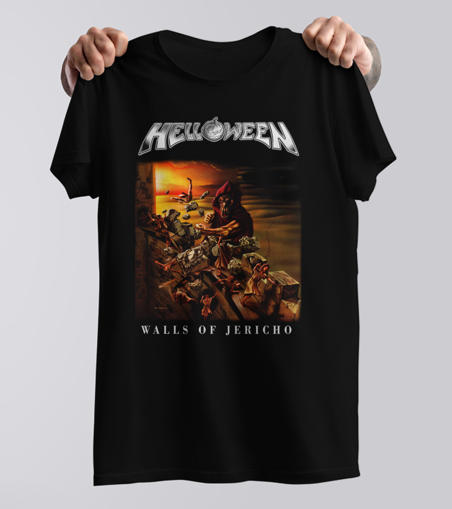 Helloween Walls Of Jericho Album Cover Artwork With Fortress Scene And Sunset Background T-Shirt