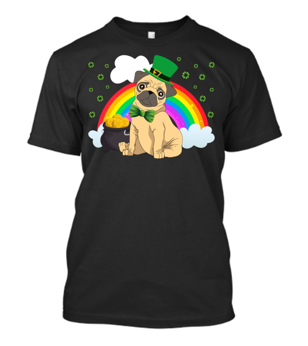 Irish Pug With Leprechaun Hat Rainbow And Pot Of Gold T-Shirt