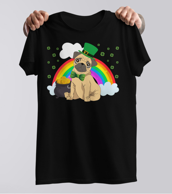 Irish Pug With Leprechaun Hat Rainbow And Pot Of Gold T-Shirt