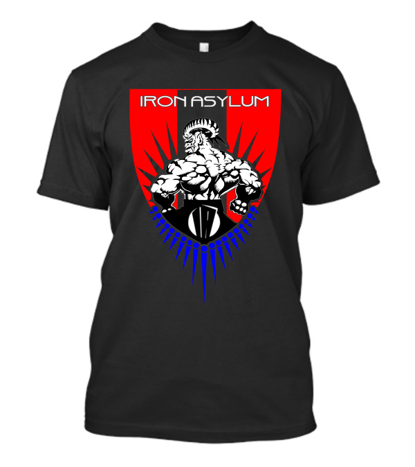 Iron Asylum Strength Shield Warrior With Ram Horns And Muscle Emblem T-Shirt
