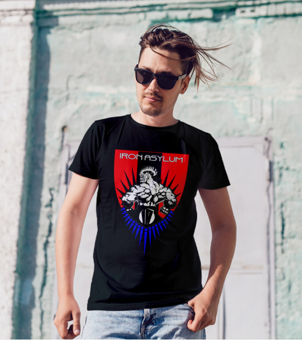 Iron Asylum Strength Shield Warrior With Ram Horns And Muscle Emblem T-Shirt