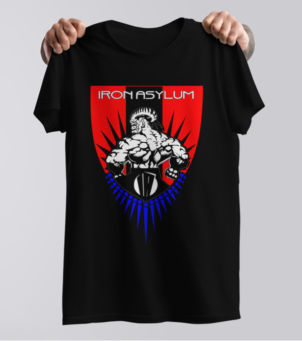 Iron Asylum Strength Shield Warrior With Ram Horns And Muscle Emblem T-Shirt