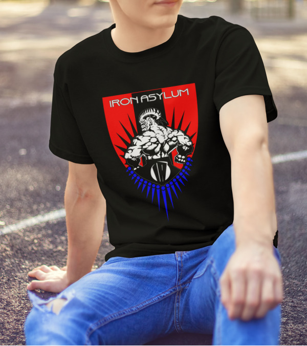 Iron Asylum Strength Shield Warrior With Ram Horns And Muscle Emblem T-Shirt