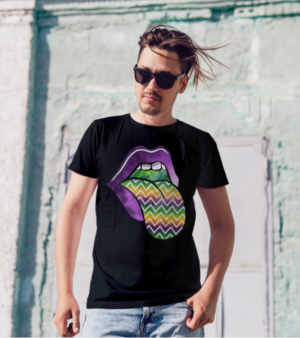 Mardi Gras Purple Lips With Colorful Chevron Pattern Tongue T-Shirt
