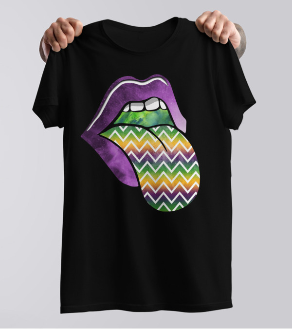 Mardi Gras Purple Lips With Colorful Chevron Pattern Tongue T-Shirt