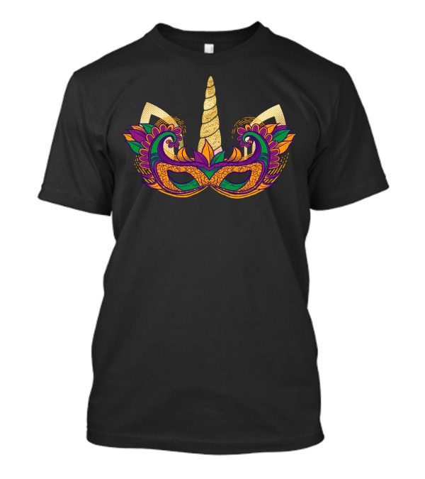 Mardi Gras Unicorn Mask With Feathers And Golden Horn T-Shirt
