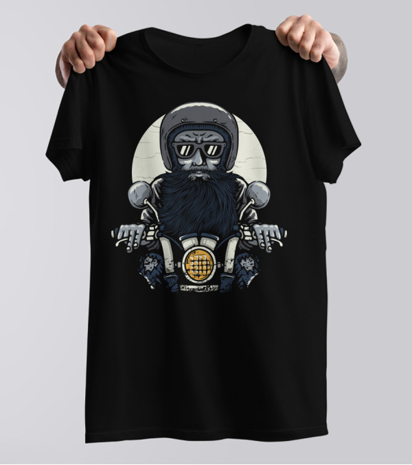 Old Biker With Helmet Riding Motorcycle In Front Of Full Moon T-Shirt