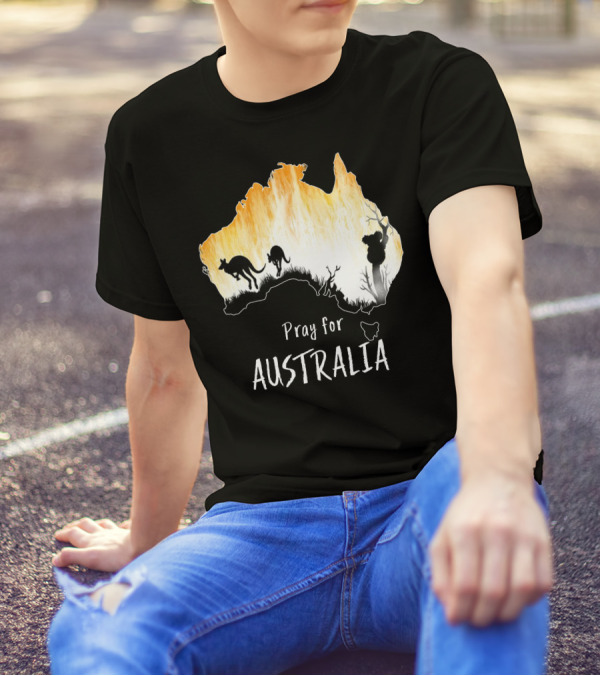 Pray For Australia Kangaroo And Koala Silhouettes In Forest Fire Map T-Shirt
