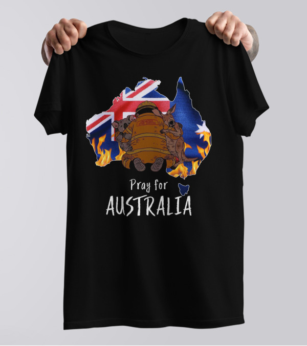 Pray For Australia Firefighter With Koalas And Kangaroo Flag Background T-Shirt