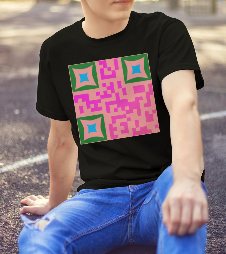 QR Codes Floral Geometric Pink Green Blue Squares T-Shirt
