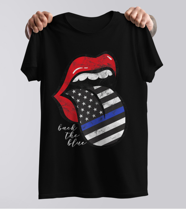 Red Lips Black White American Flag Tongue Back The Blue T-Shirt