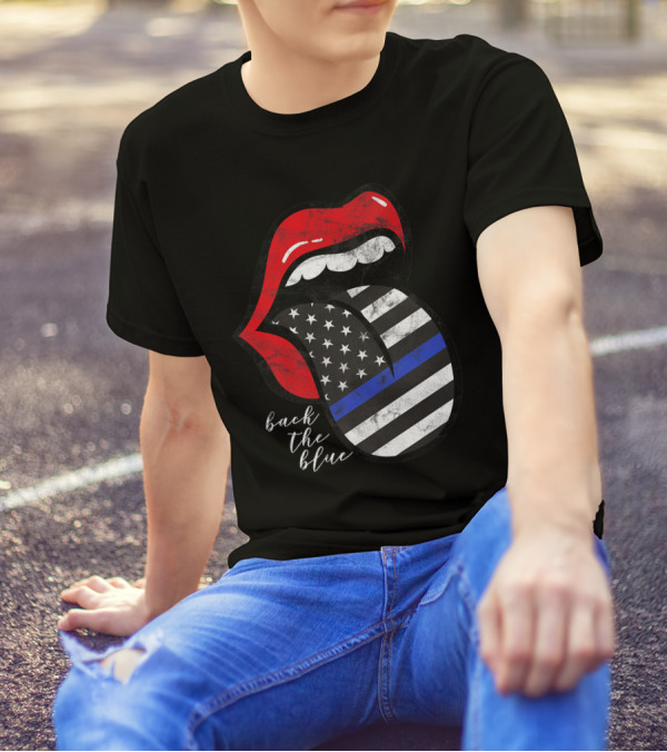 Red Lips Black White American Flag Tongue Back The Blue T-Shirt