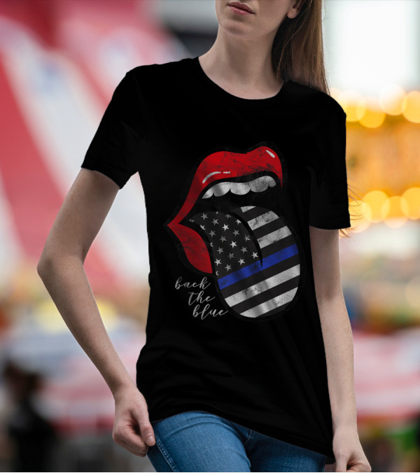 Red Lips Black White American Flag Tongue Back The Blue T-Shirt