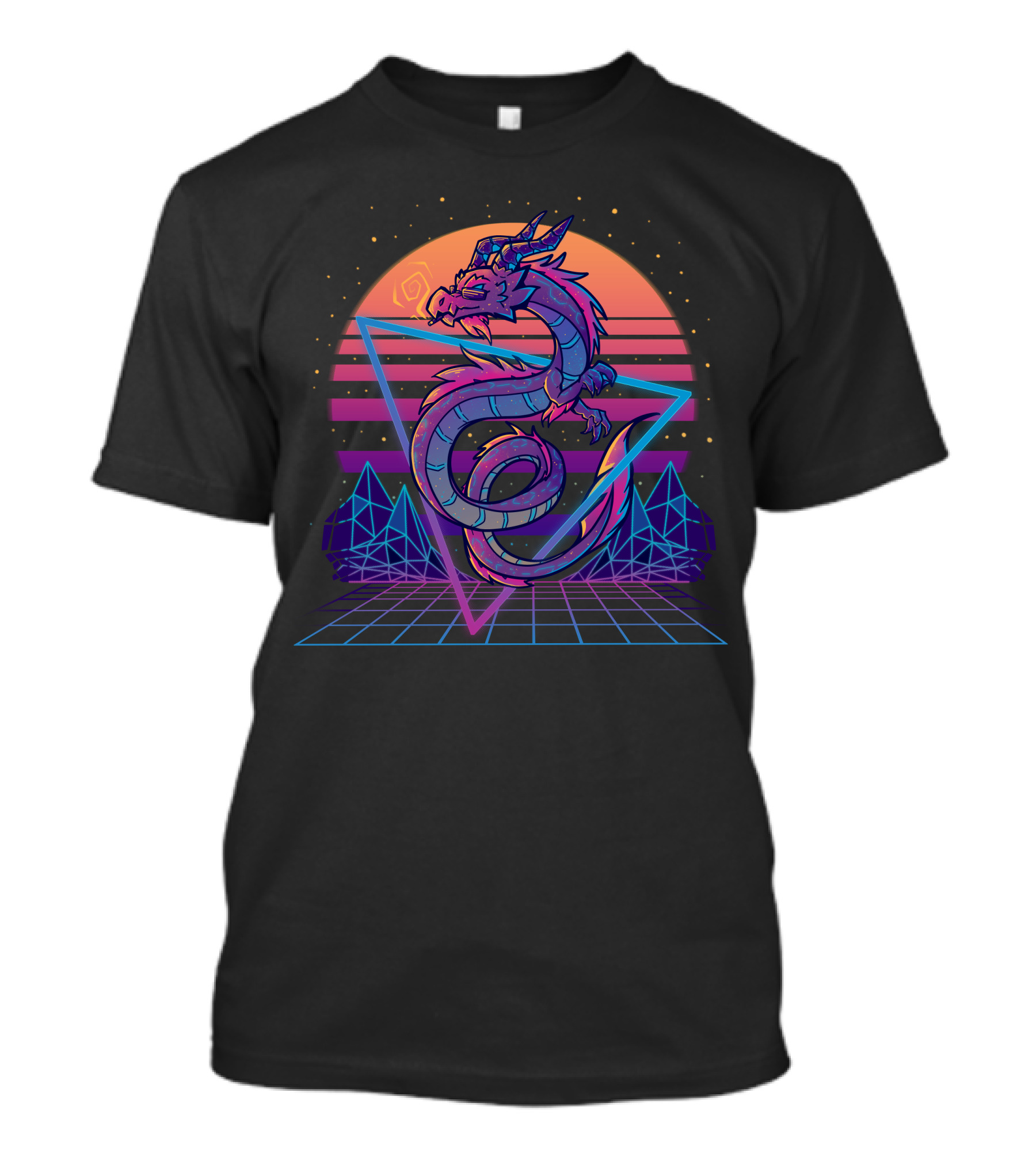 Retrowave Vaporwave Dragon With Neon Geometric Sunset And Grid Landscape T-Shirt