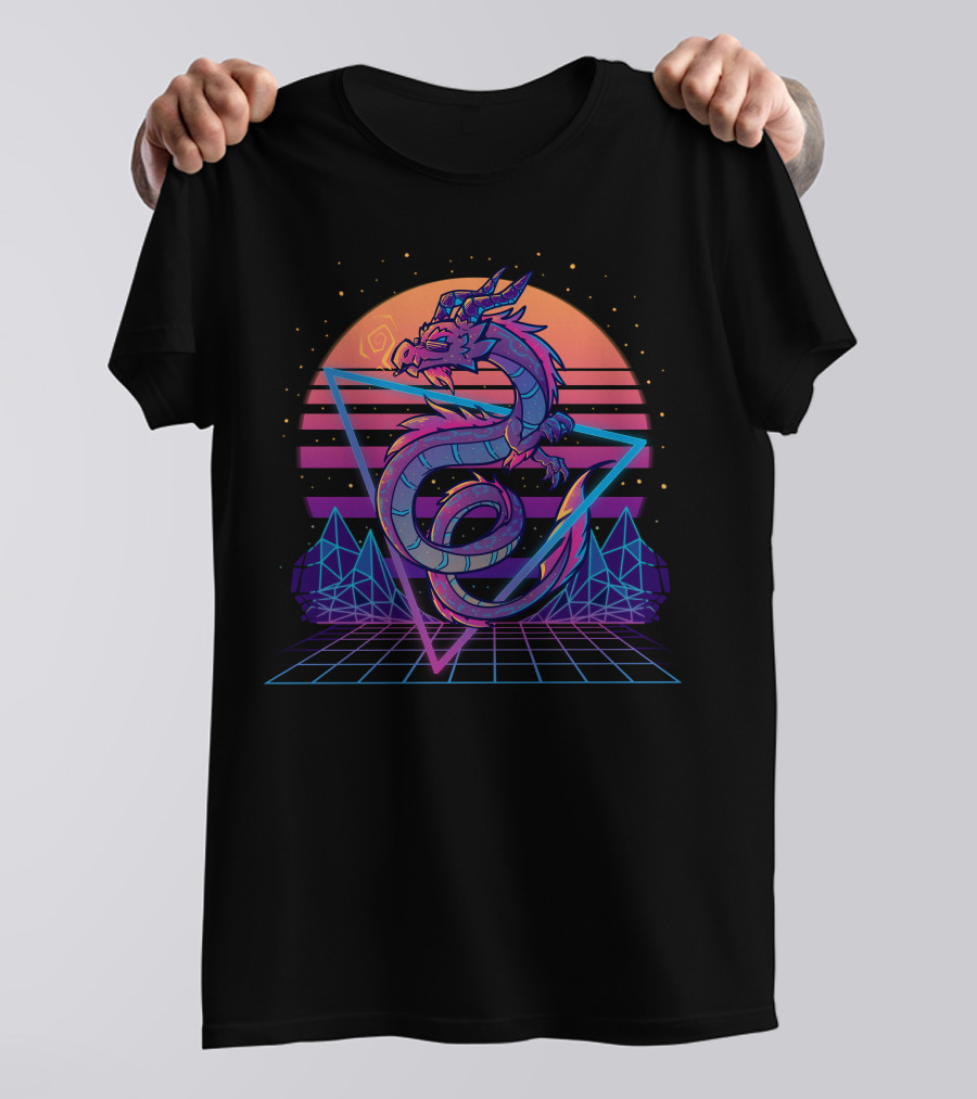 Retrowave Vaporwave Dragon With Neon Geometric Sunset And Grid Landscape T-Shirt