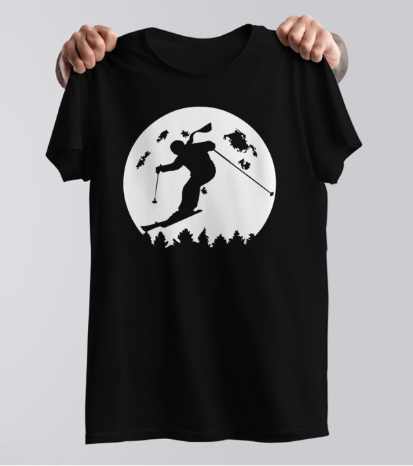 Skiier Silhouette Against Full Moon Night Sky Moonlight T-Shirt