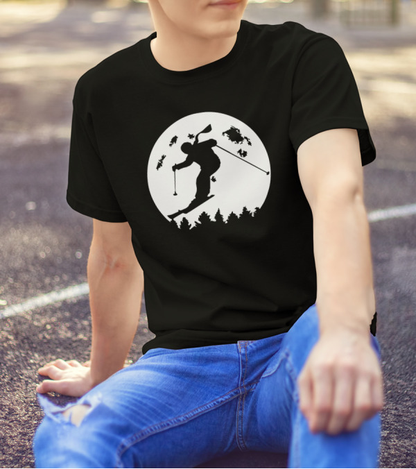 Skiier Silhouette Against Full Moon Night Sky Moonlight T-Shirt