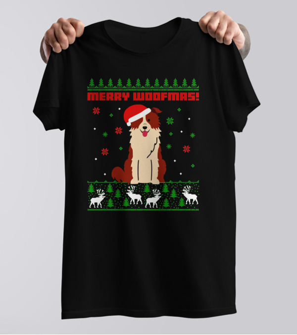 Border Collie Dog Merry Woofmas Santa Hat Reindeer Christmas Trees Snowflakes T-Shirt
