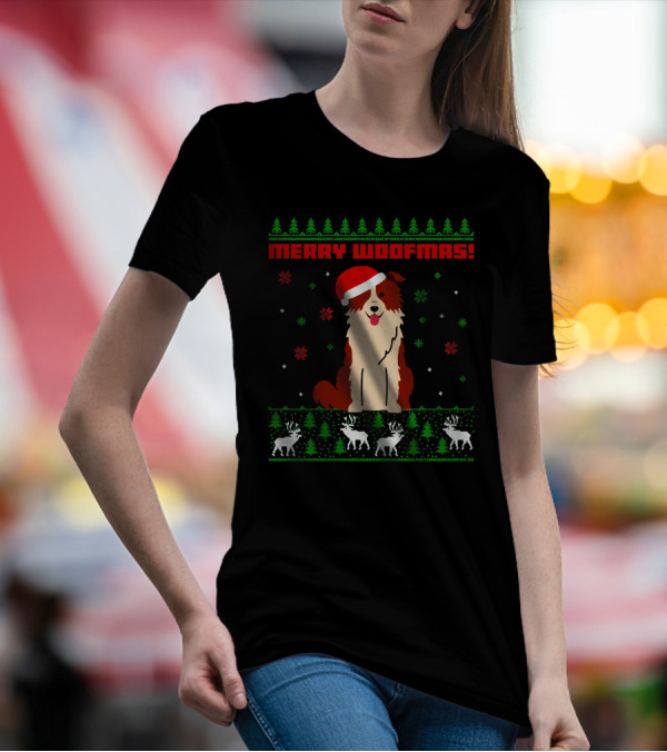 Border Collie Dog Merry Woofmas Santa Hat Reindeer Christmas Trees Snowflakes T-Shirt