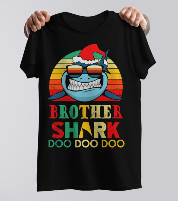Brother Shark Doo Doo Doo Christmas Santa Hat Sunglasses Retro T-Shirt