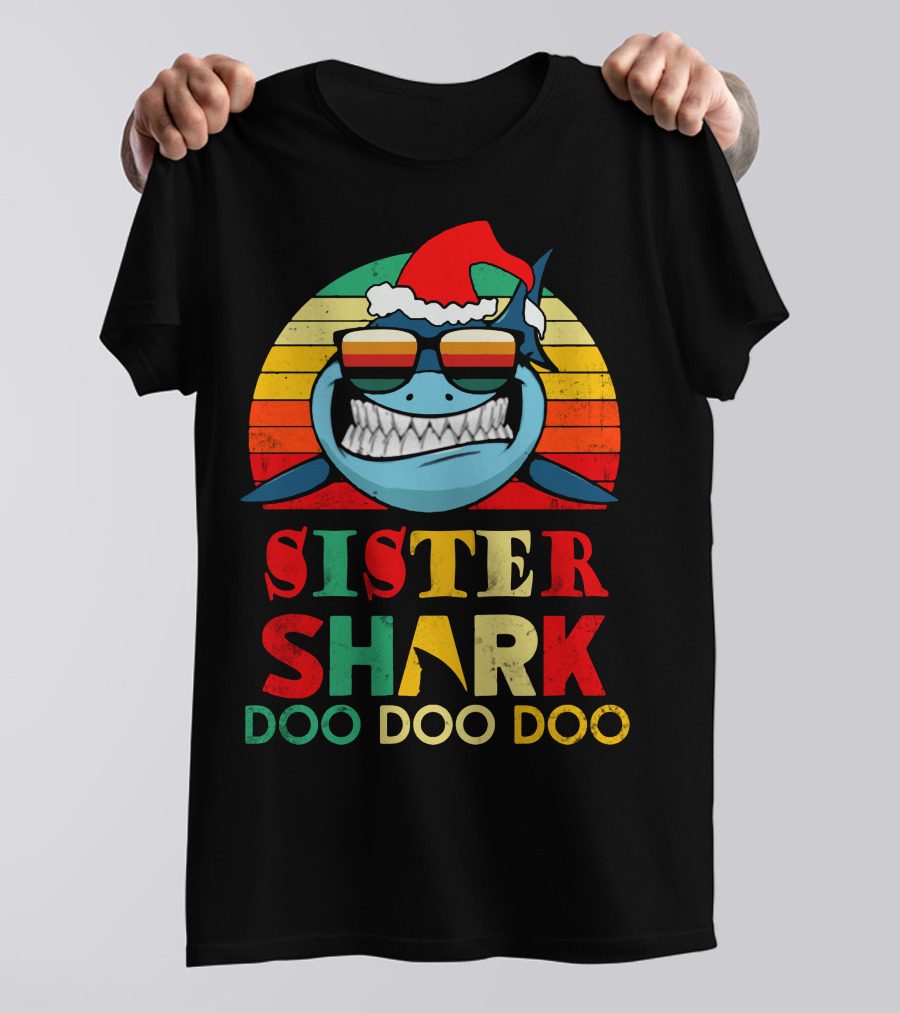 Sister Shark Doo Doo Doo Christmas Santa Hat Retro T-Shirt