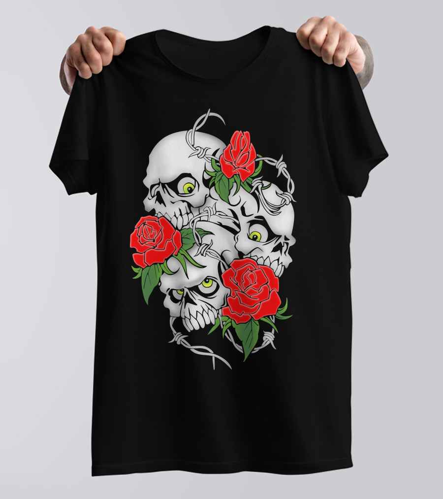 Cool Design Rose And Skulls With Barbed Wire Elements T-Shirt