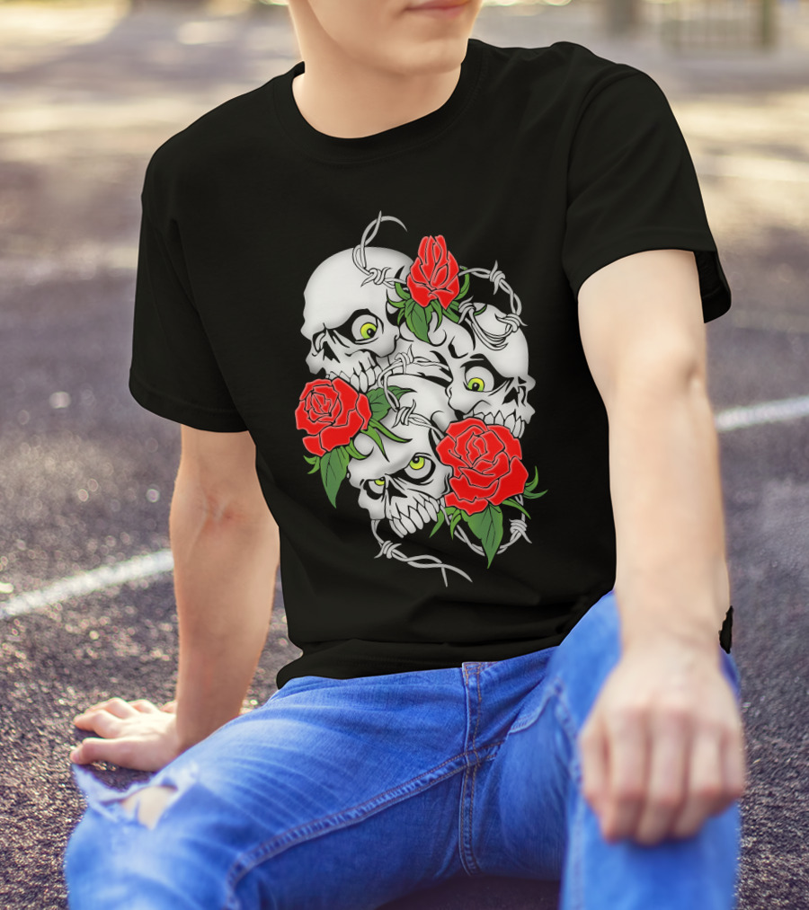 Cool Design Rose And Skulls With Barbed Wire Elements T-Shirt