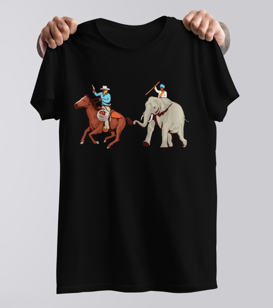 Cowboys Versus Indian Elephant Rider: Western Meets Eastern Adventure T-Shirt