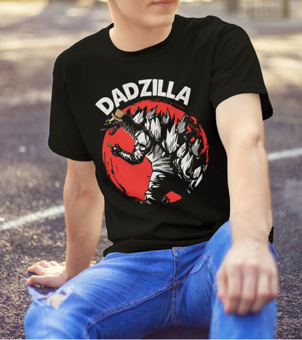 Dadzilla Kaiju Monster Holding Beer With Red Sun Background T-Shirt