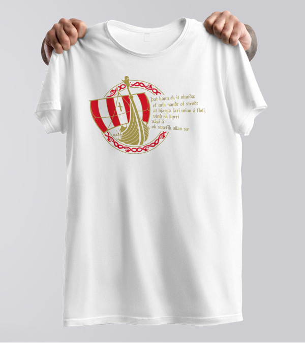 Drakkar Wikinger Schiff Odin Edda Rune Naudr þat Kann Ek Ið Níunda Ef Mik Nauðr Of Stendr At Bjarga Fari Minu á Floti Vind Ek Kyrri Vági á Ok Svæfik Allan Sæ T-Shirt