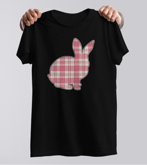 Pink Plaid Easter Bunny Silhouette With Green Bow T-Shirt