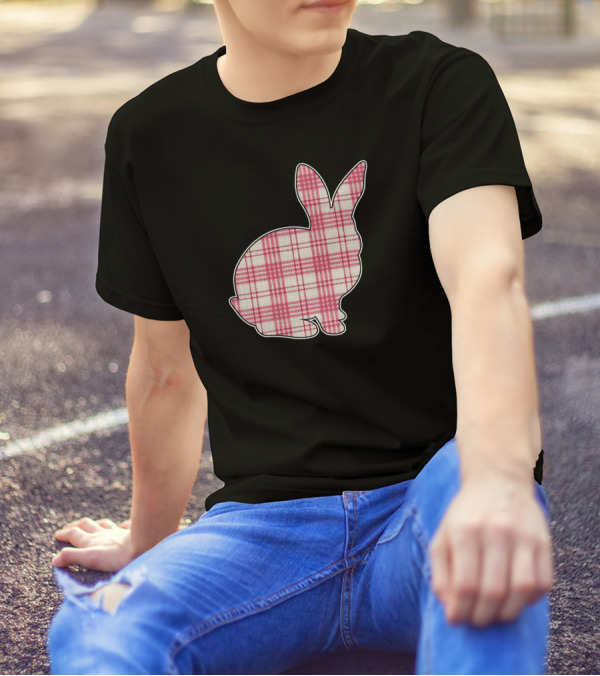 Pink Plaid Easter Bunny Silhouette With Green Bow T-Shirt