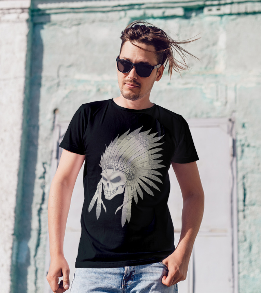 Pencyl Art Indian Skull Feather Headdress T-Shirt