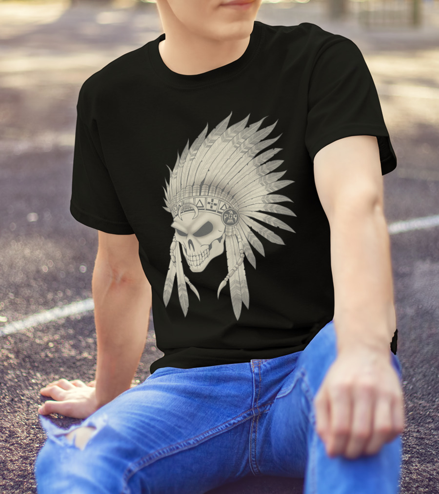 Pencyl Art Indian Skull Feather Headdress T-Shirt