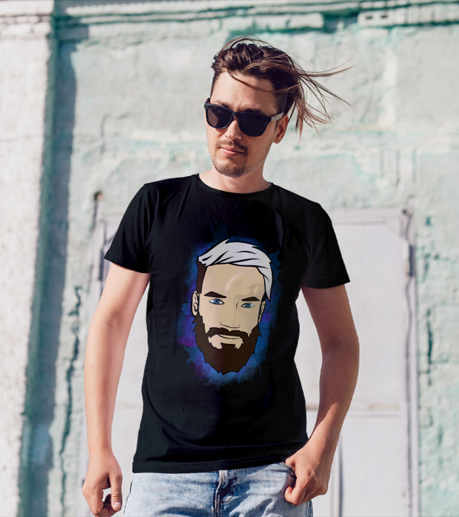 Pewdiepie Iconic Face Cartoon Style White Hair Blue Eyes Beard T-Shirt