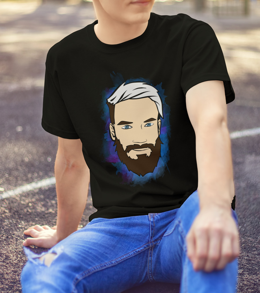 Pewdiepie Iconic Face Cartoon Style White Hair Blue Eyes Beard T-Shirt