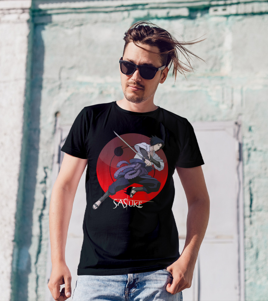 Sasuke Power Of Ninjutsu Katana Action Red Circle Background T-Shirt