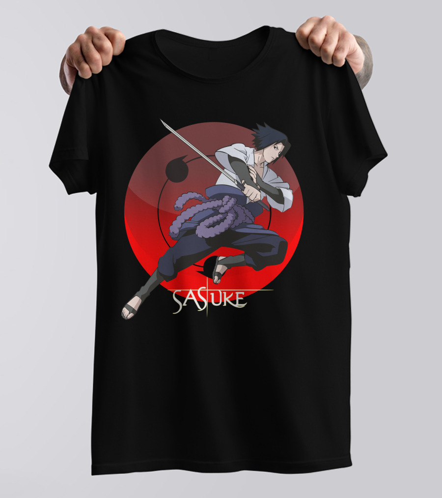 Sasuke Power Of Ninjutsu Katana Action Red Circle Background T-Shirt