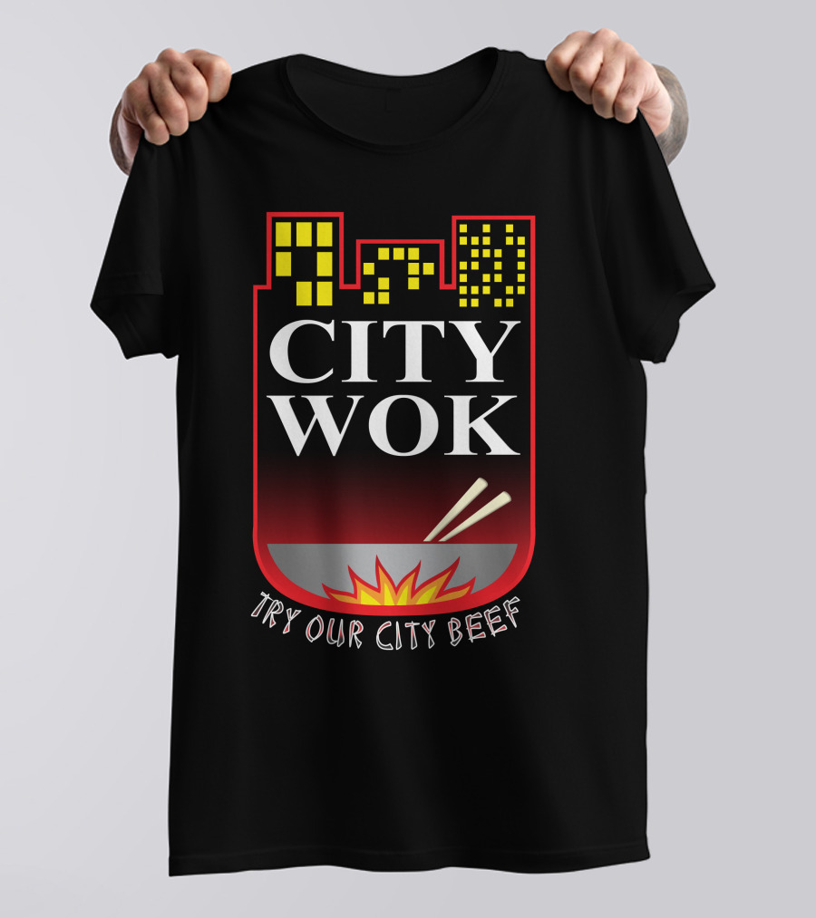 City Wok Try Our City Beef Night Skyline Chopsticks Flame T-Shirt