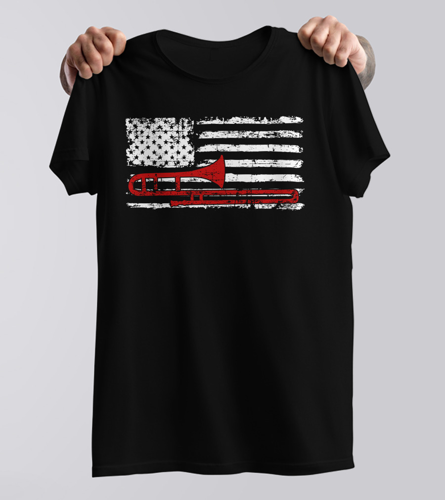 Trombone American Flag Distressed Red White Blue T-Shirt