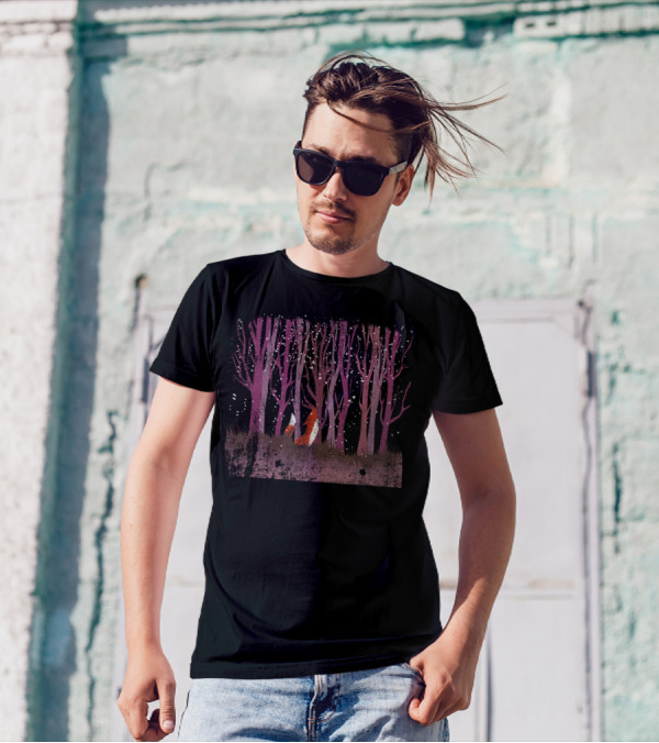 Winter Forest And Fox Amidst Snowy Purple Trees T-Shirt