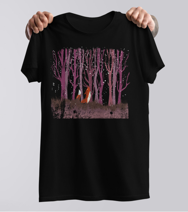 Winter Forest And Fox Amidst Snowy Purple Trees T-Shirt