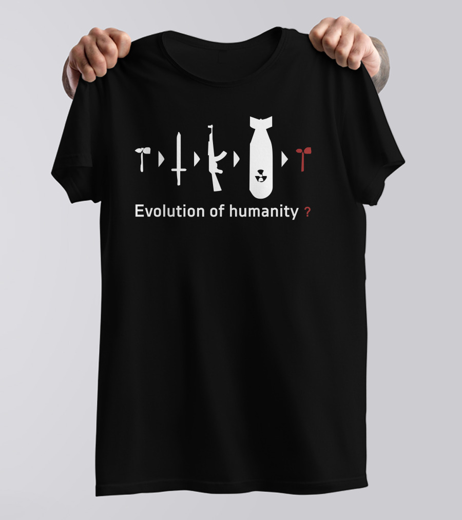 Funny Darwin Evolution Of Humanity Military Army Warfare Icons Evolving Into Bomb With Question Mark T-Shirt