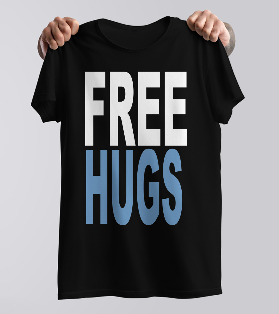 Funny Free Hugs Black Background White Blue Text T-Shirt