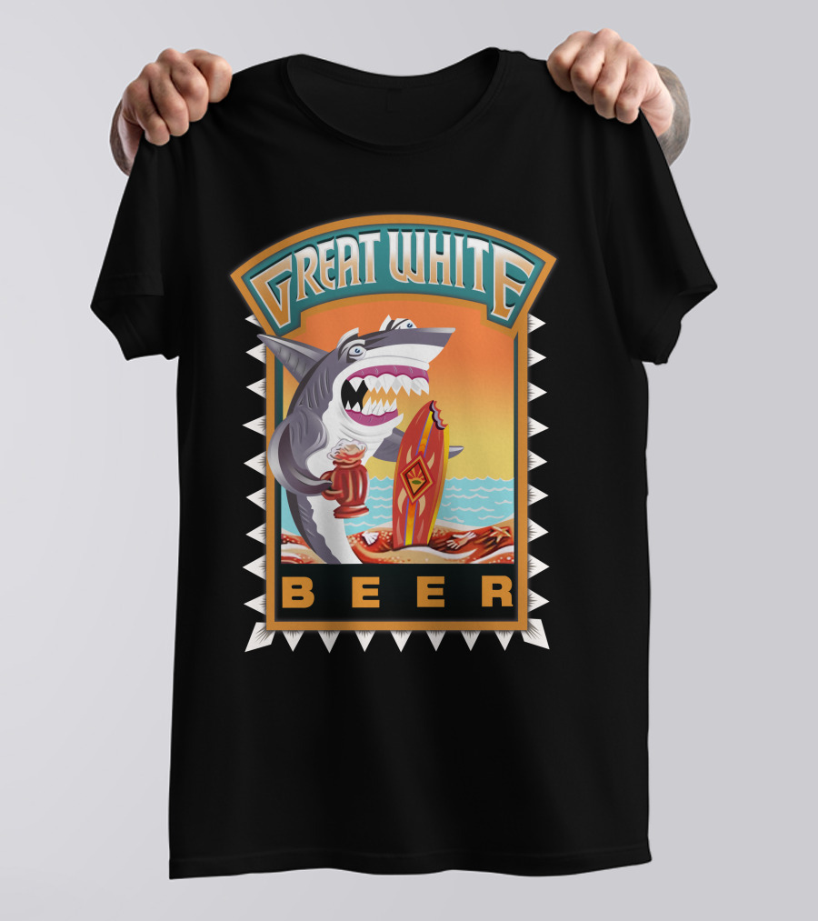 Great White Beer Shark Surfing With Mug On Sunset Beach T-Shirt