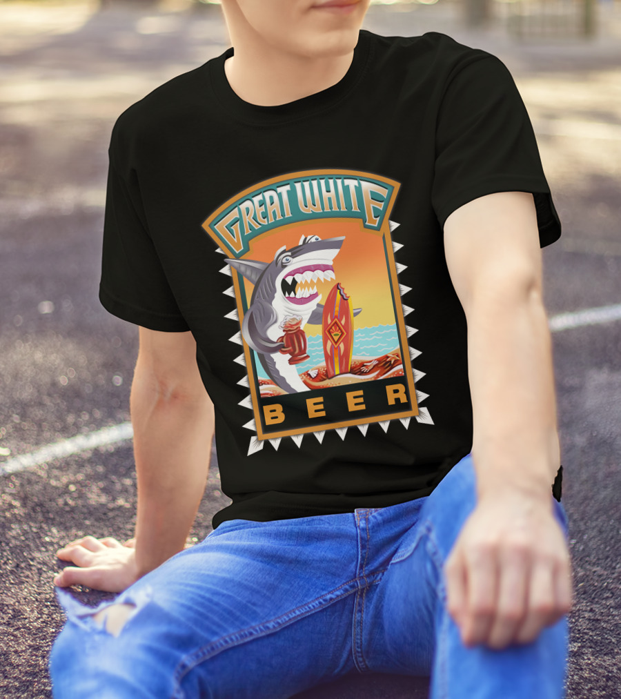 Great White Beer Shark Surfing With Mug On Sunset Beach T-Shirt