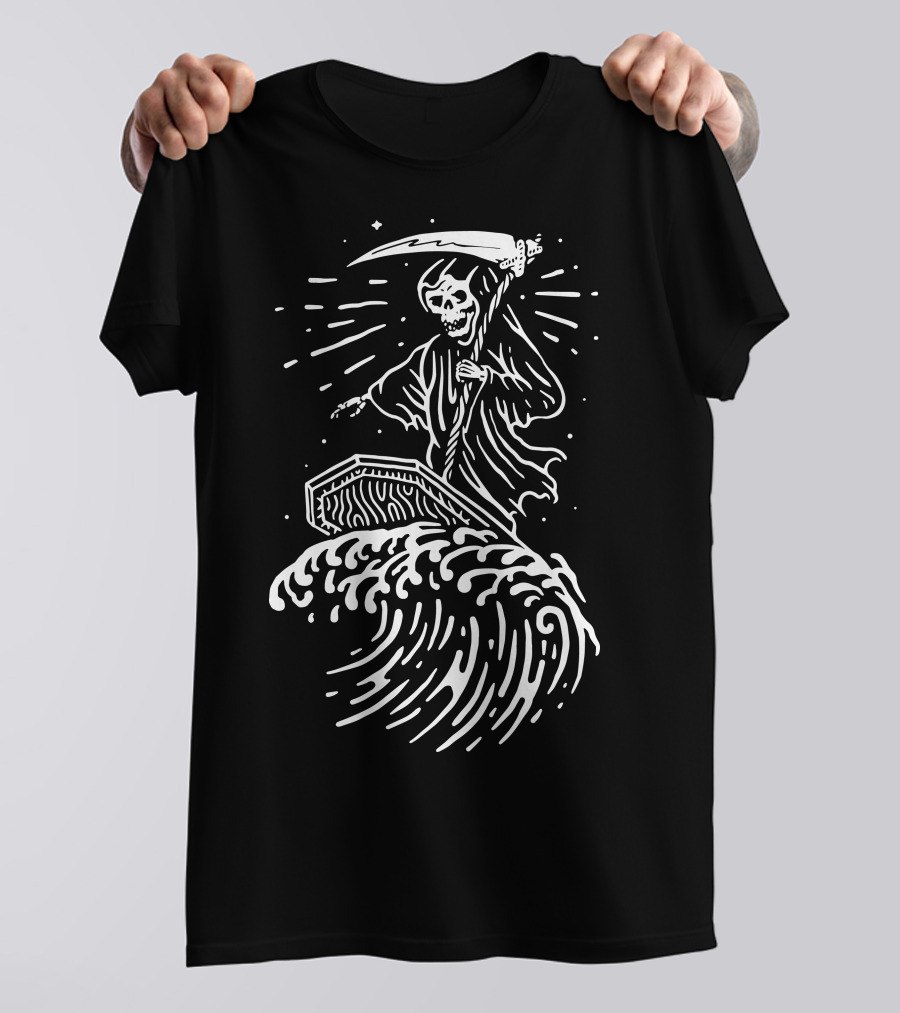 Grim Reaper Riding Coffin Wave Surf T-Shirt