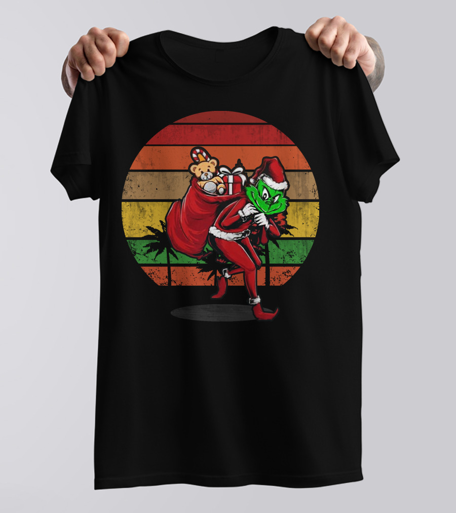 Grinch Stole Christmas Santa Sack With Teddy And Gifts Retro Sunset T-Shirt