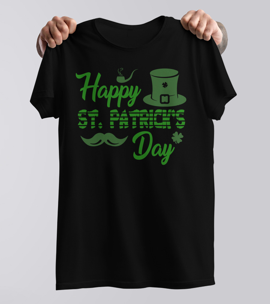 Happy St. Patrick's Day Celebration With Hat Pipe Mustache And Shamrock T-Shirt